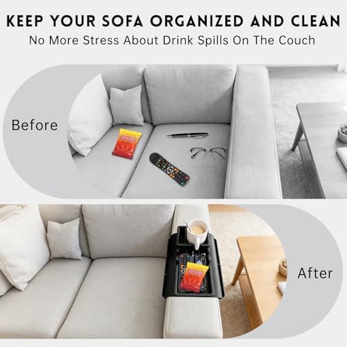 2Pcs Black Couch Cup Holder Tray, Couch Arm Cup Holder, Large Anti-Slip Couch Cups Holder with Side Pocket, Silicone Sofa Armrest Organizer for Snacks/Remote/Phone/Fruit, Gift for Women