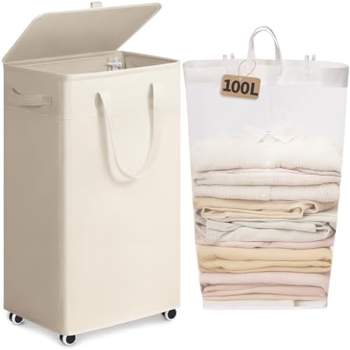 Goodpick 100L Large Rolling Laundry Basket with Wheels and Lid, White | 17.2" × 13.2" × 32" Collapsible Laundry Hamper for Clothes, Towels & Bedding, Fits Bedroom & Bathroom, Removable Wash Bag