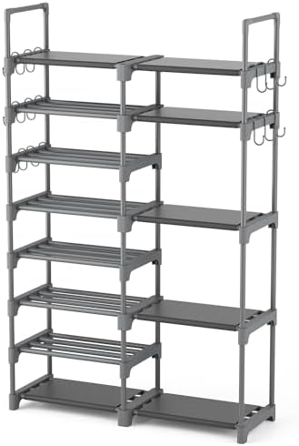 ROJASOP Shoe Rack, Shoe Storage Organizer for Closet Entryway Garage Bedroom, 8 Tier Tall Metal Shoe Shelf for 26-32 Pairs Boots & Shoes, Adjustable Shoe Stand for Small Space