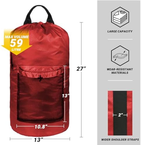 Laundry Bag with Shoulder Straps and Mesh Pocket Laundry Backpack Large Portable Laundry Hamper for College Laundromat Apartment (Red)