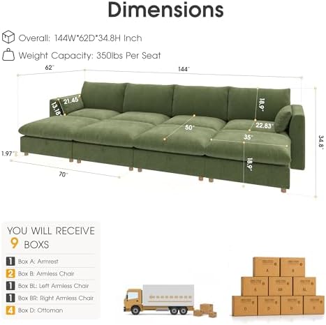WorthFurni Oversized Modular Sectional Sofa,144" Sleeper Sofa Bed Sectional Cloud Couch with Storage Ottoman,Comfty 8 Seat Modular Sofa for Living Room,Green Chenille