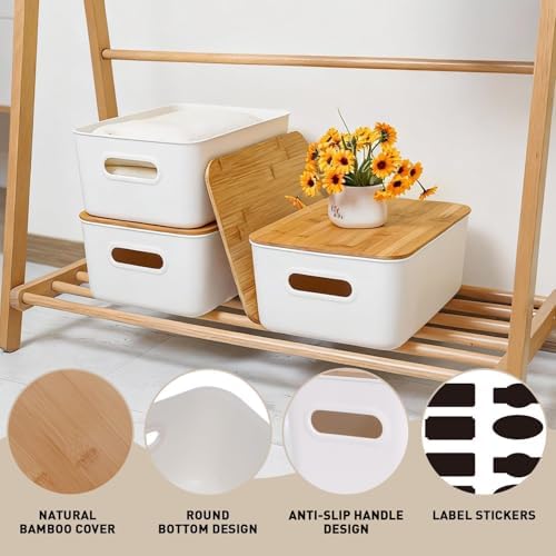 Citylife 16QT Storage Bins with Bamboo Lids, Stackable with Handles, 2-Pack | Decorative Plastic Storage Bins with Lids for Toys, Pantry Items, Crafts, Bathroom Supplies, Shelves, and Home Organization