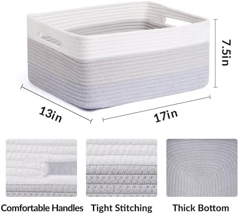 MiniArk Large Storage Baskets for Organizing, 17 x 13 x 7.5” Closet Shelf Baskets for Clothes Blanket Towels, Baby Nursery, Toy Bins Box, Woven Rope Baskets, 4 Packs Gradient Grey