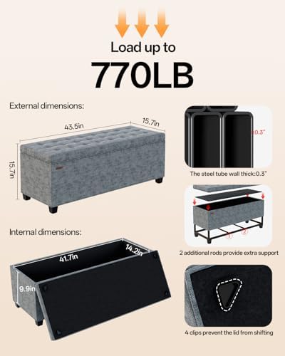 ABHENG Chenille Storage Ottoman Bench with Legs, 43.5”W x 15.7”D x 15.7”H,Metal Frame end of Bed Bench Hold up to 770 LB,Large Storage Chest,Gray UASND621G
