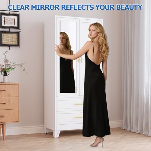 GAIOUS Steel Armoire Wardrobe Closet with Mirror and 2 Drawers 71" White
