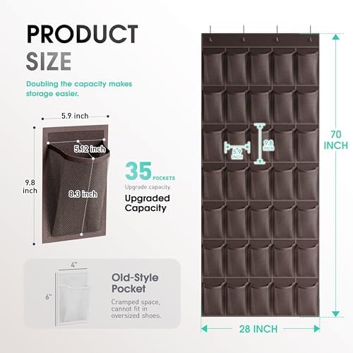 WVM Over the Door Shoe Organizer with 35 Breathable Mesh Pockets, Hanging Shoe Organizer for Door with 4 Metal Hooks, Large Capacity Closet Storage for Shoes, Accessories
