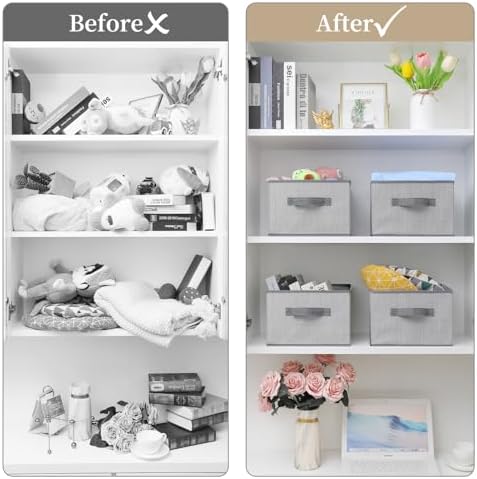 Storage Baskets, 11-Inch Woven Fabric Bins, Storage Cubes with Reinforced Handles, Organizer Bins for Closet Shelves, Foldable, for Toys, Clothes (4PCS/Grey-11*11*7.8inch)