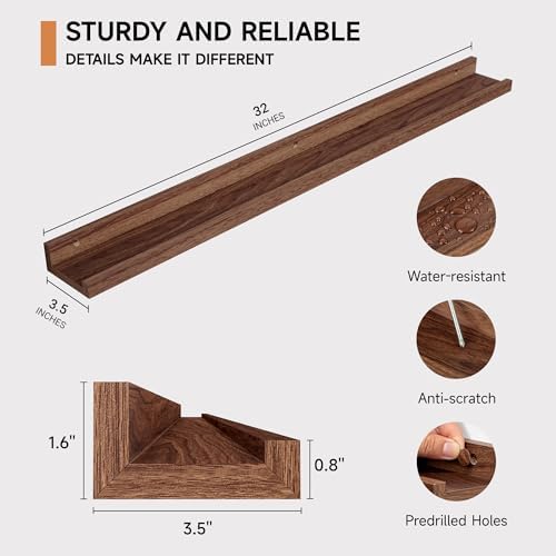 Fun Memories Picture Ledge Shelf, 32 Inch Floating Shelves Set of 2, Large Nursery Book Shelves for Toys Storage, Kids Bookshelf Wall Mounted for Wall Decor Books Photo Frames, Walnut