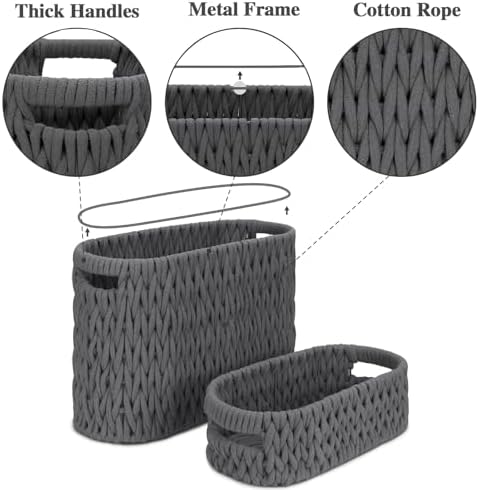 Boho Toilet Paper Storage Baskets, Cotton Rope Woven Bathroom Basket Set of 2, Standing Toilet Paper Holder for 6 Mega Rolls,Storage Bins for Toilet Tank Top, Bathroom Organizer Decor (Gray 2 Pack)