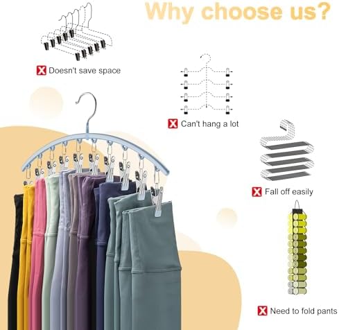 Volnamal Legging Organizer for Closet, Metal Yoga Pants Hanger w/Rubber Coated 4 Pack w/10 Clips Hold 40 Leggings, Hangers Space Saving Hanging for Closet Organizers and Storage, Blue