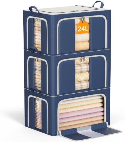 3 Openings Clothes Storage Bins with Metal Frame，24L (navy blue)