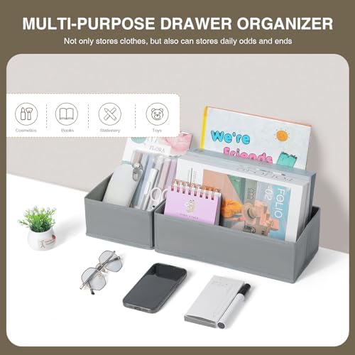 DIMJ Drawer Organizers Clothes, Set of 4 Dresser Organizer Bins, Fabric Closet Organizers and Storage, Shallow Drawer Dividers for Nursery, Clothing, Baby Clothes, Socks, Underwears, Tie (Grey)