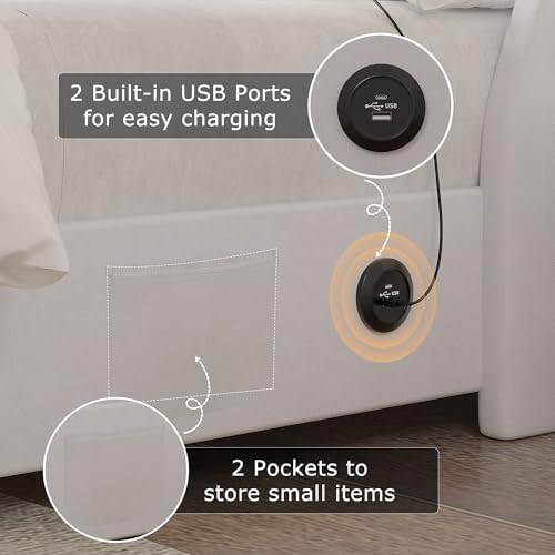 VECELO Full Size Bed Frame with Storage Drawers, Upholstered Platform Bedframe with Wingback Headboard, No Box Spring Needed, White