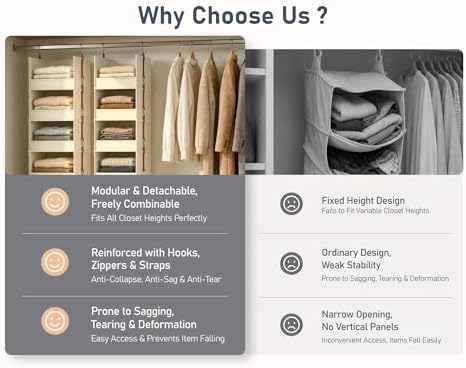 DIMJ Hanging Closet Organizer - 5-Tier Modular Hanging Shelves with Zippers Hooks, Collapsible Baskets for RV, Dorm, Small Spaces, Fabric Storage Bins for Clothes, Handbags