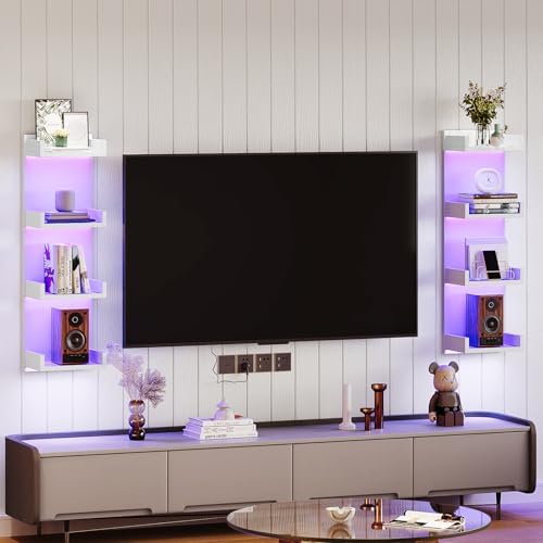 HOOBRO Floating Wall Shelves with LED Lights, Floating Shelf Wall Mounted for Storage, Vertical Display Stand, Modern Column Rack, for Bedroom, Livingroom, 4-Tier, 35.4 Inches, White, WT41DBJ01