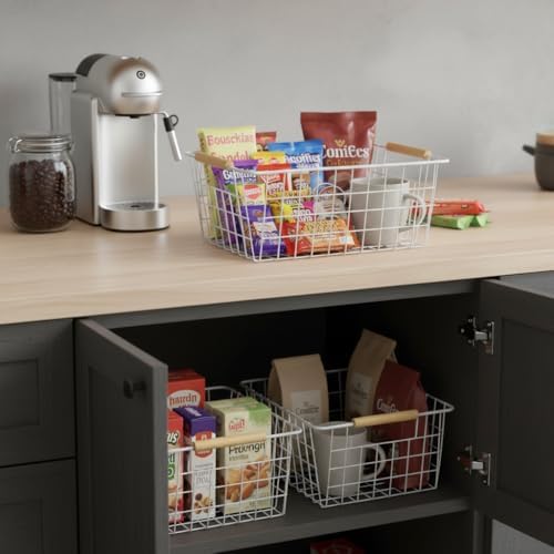 Metal Wire Food Storage Basket Organizer with Wooden Handles for Organizing Kitchen Cabinets 6 Pack White (3 Szie)