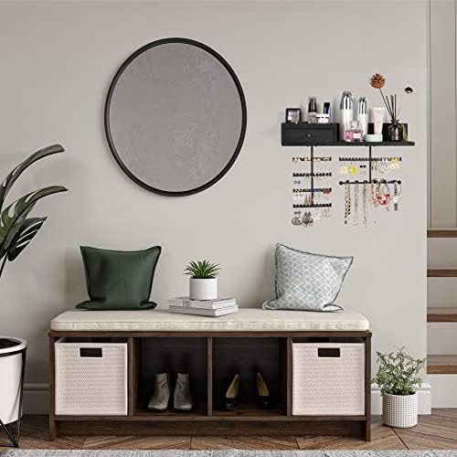 VINAEMO Jewelry Organizer Hanging Wall Mounted Jewelry Holder with Rustic Wood Drawer & Large Capacity Storage Shelf Rack Display for Earrings Rings Necklaces Bracelet(Black)