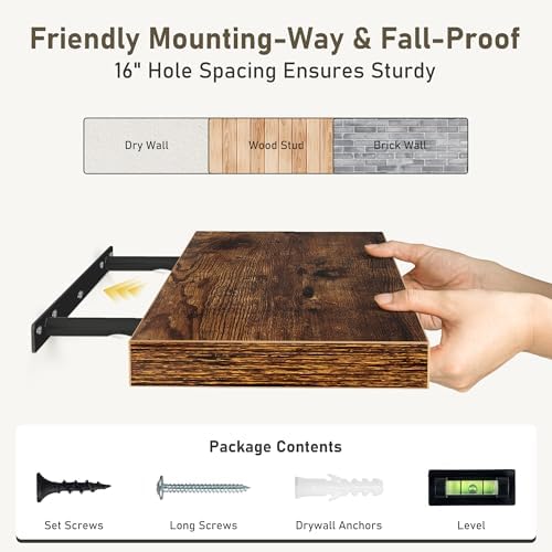 Fun Memories 32 Inch Floating Shelves Wall Shelf Set of 3, Rustic Farmhouse Home Decor Kitchen Living Room Shelves Wall Mounted, 32 x 6.7 x 1.4 Inch, Rustic Brown