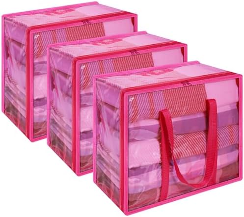 Vieshful Pink 90L Clear Clothes Storage Bag with Zipper 3 Pack