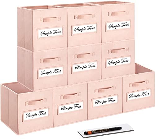 11 Inch Storage Cube,Storage bin,cube storage (Set of 10) Foldable Fabric Cube Storage Bins with 10 Labels Window Cards & a Pen,Baskets Containers for Shelves,Closet Organizers Box,Pink