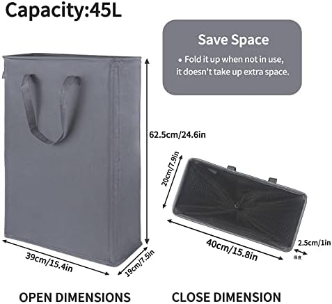 Odonata Slim Laundry Hamper Handles Collapsible Laundry Basket Thin Dirty Clothes Basket Narrow Laundry Bag Foldable Dirty Hamper 45L (Dark Grey)