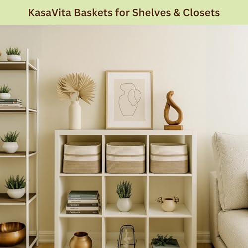 Cotton Rope Baskets for Organizing and Storage, Woven Decorative Baskets for Shelves, Books, Closets. Storage Bins for Living Room, Bedroom | Pack of 3 | Beige