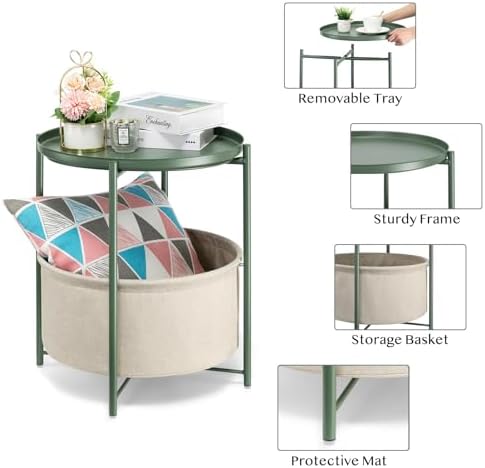 danpinera Small Round Side Table with Storage Basket, Removable Tray Top | Metal End Table for Small Space, Living Room, Bedroom, Nursery, Laundry, Modern Nightstand with Removable Tray, Green