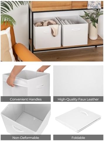 StorageWorks White 13in Storage Cubes, Leather Cube Storage Bins, 4-Pack