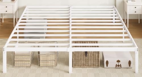 Allewie King Size Bed Frame, 14 inch Metal Beds with Storage Space, White