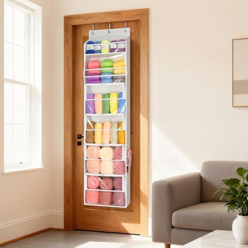 Yecaye Hanging Yarn Storage Organizer with 6 Zippered Closure Compartments, Heavy Duty Stuffed Animal Storage with Clear PVC, Dustproof Yarn Holder for Crocheting Storage, Pearl White 6 Tier
