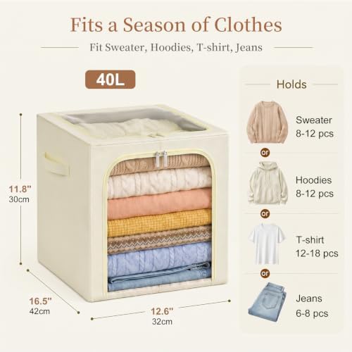 GoMaihe Clothes Storage Bins with Metal Frame for Closet, 40L 4-Pack Beige