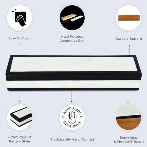 Handicrafts Home Slim Decorative Storage Box with Lid– Black White Modern Storage Box, Remote Control Holder, Coffee Table Organizer, Minimal Desk Storage Box for Living Room– Mono Court 10x2.5x1.5