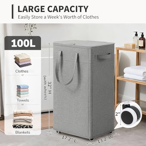 Goodpick 100L Large Rolling Laundry Basket with Wheels and Lid, Gray | 17.2" × 13.2" × 32" Collapsible Laundry Hamper for Clothes & Blanket, Bedroom & Bathroom Organization, Removable Wash Bag