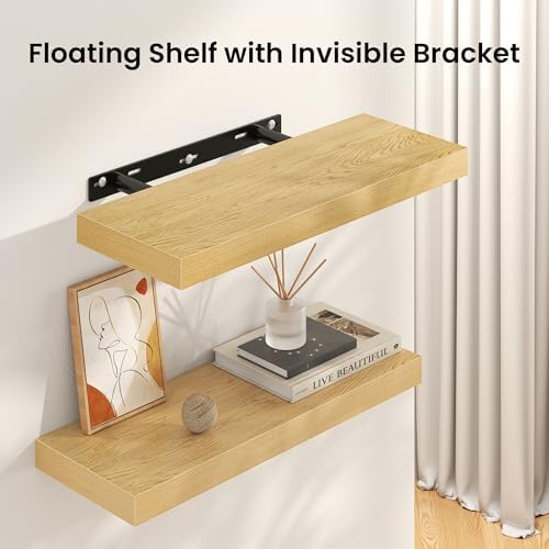 FLYJOE Floating Shelves for Wall, 40" W x 8" D x 1.5" H, Wooden Wall Mounted Display Shelves with Invisible Brackets for Living Room, Bedroom, Bathroom, Kitchen Decor and Storage, Set of 2, Oak