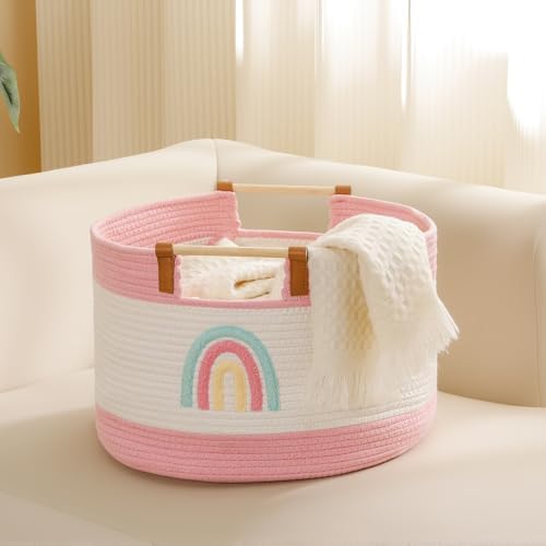 Large Blanket Basket Living Room 35L Baby Laundry Basket Toy Bin for Babies Toddlers Storage Baskets for Organizing Toys, Woven Cotton Rope Laundry Hamper for Nursery Storage Girls Gift Baskets Empty