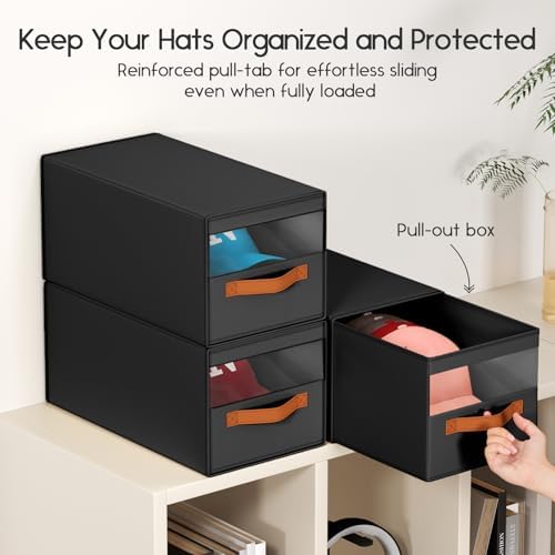 Homsorout Hat Organizer for Baseball Caps - 3 Pack Pull-Out Drawer Hat Storage Organizer Box with Clear Window, Stackable Closet Cap Holder, Baseball Cap Organizer for Closet, Bedroom, Home, Black
