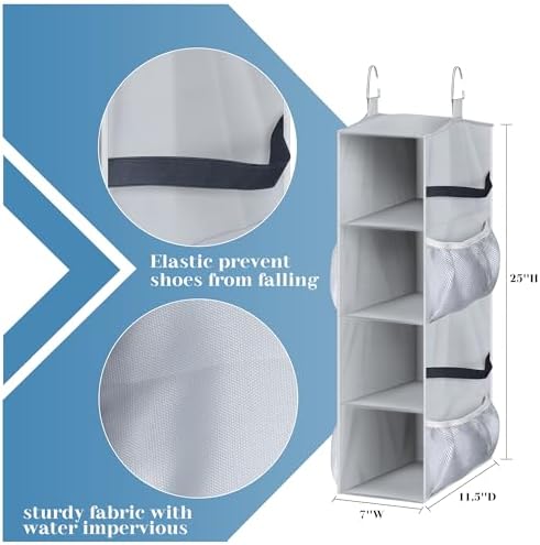 SLEEPING LAMB Short Hanging Shoe Organizer for Closet Storage with Mesh Side Pockets Holds 8 Pairs, Hanging Shoe Rack Hanger RV, Camper, Grey (Pack of 2)