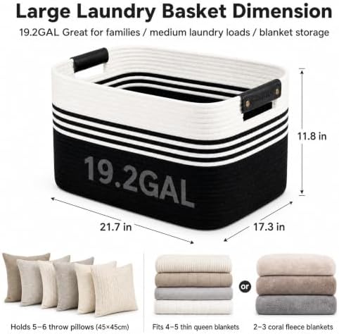 Cotton Rope Laundry Basket Large, 19.2GAL Collapsible Woven Storage Baskets for Living Room Kids Toys Stuffed Animal,Boho Rectangular Decorative Short Hamper for Dirty Clothes, Blankets White Black