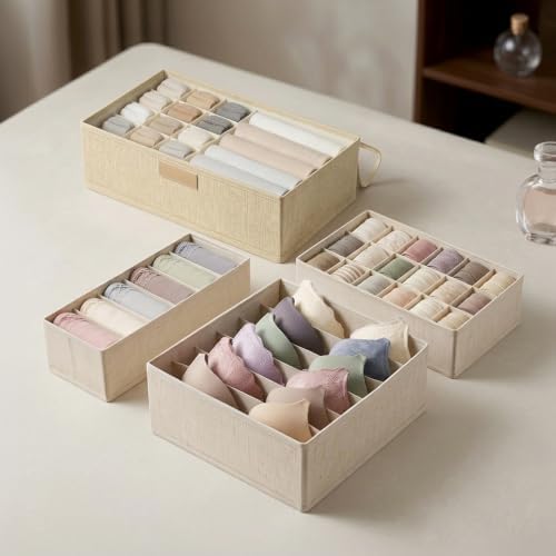 Linen Sock Drawer Organizer, 54 Cells Underwear Storage, 3Pack