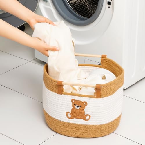 Large Blanket Basket 35L Cotton Rope Baskets with Wooden Handles Woven Baskets for Kids Stuffed Animal Toys Storage for Nursery, Laundry Hamper Clothes Baby Hamper Boys Gift Basket Empty, (Bear）