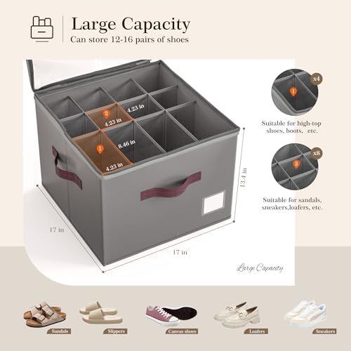 Criusia Shoe Organizer for Closet, 3 Pack Shoe Organizer with Transparent Cover and Sturdy Handles, Closet Shoe Storage for Sneakers Sandals Slippers, Fit 12-16 Pairs, Gray