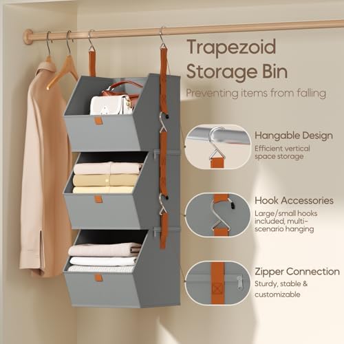 Homsorout Collapsible Hanging Closet Organizer - 6 Tier Closet Shelves Storage System with Hooks, Fabric Hanging Storage Bins for Clothes, Foldable Storage Basket for Laundry, Bedroom, Rv, Grey
