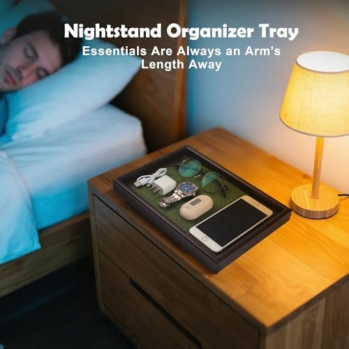 Wooden Valet Tray with Leather Base - Nightstand Catchall Organizer for Cologne, Perfume, Keys, Wallet, Phone, Watch, Jewelry & Sunglasses (Green)