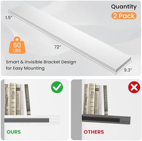 Floating Shelves for Wall, 72"W x 9.3"D x 1.5"H, Long Wooden Wall Mounted Display Shelves with Invisible Brackets for Living Room, Bedroom, Bathroom, Kitchen Decor and Storage, Set of 2, White
