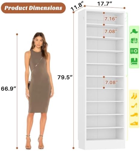 Aheaplus 10 Tiers Narrow Wood Shoe Rack, Tall Shoe Storage Cabinet, White