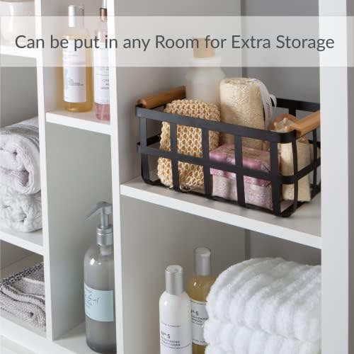 Simplify 4 Pack Rectangular Metal Storage Basket with Bamboo Handles | Large | Farmhouse Style Wire Basket | Home Organizer | Decorative | Rustic | Black