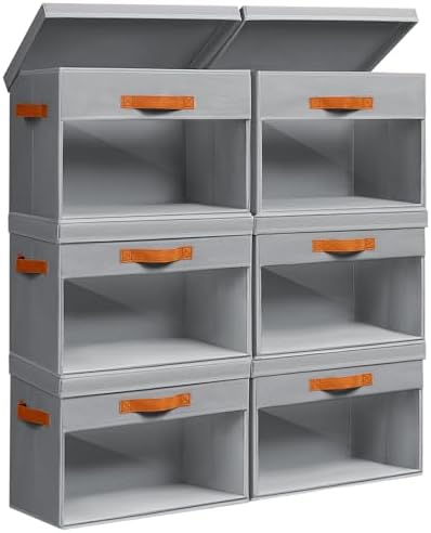 Homsorout Large Storage Bins with Lids - 6 Pack Foldable Decorative Organizers with Clear Windows & Handles, Cube Storage Organizers for Clothes, Blankets, Sweaters, CD, Grey