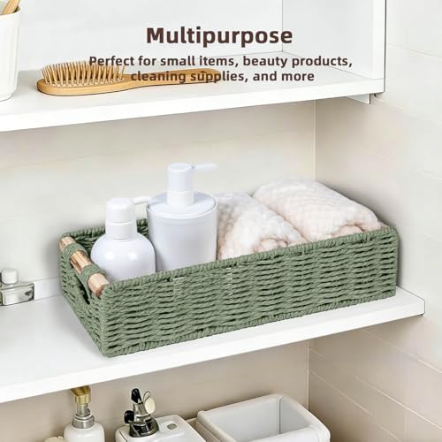CubesLand Back of Toilet Storage Basket for Organizing W/Cut Out Handle | Handwoven Toilet Tank Top Paper Baskets, Wicker Decorative Basket for Countertop, Home Decor, Living Room, Nursery, Green
