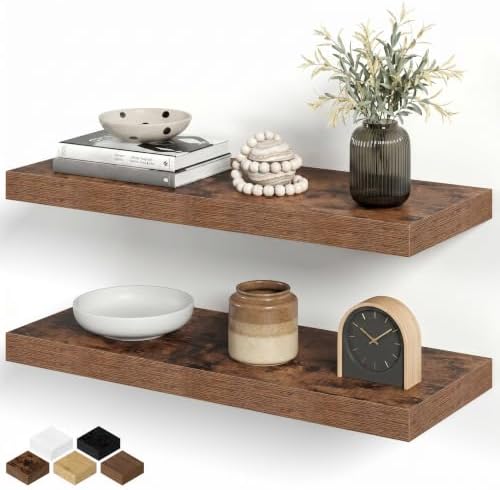 Floating Shelves for Wall, 24 Inch Floating Shelves Set of 2, Wall Mounted Rustic Wood Shelf for Bathroom, Living Room, Bedroom and Kitchen, Hanging Shelf for Storage, Books, Home Decor, Rustic Brown
