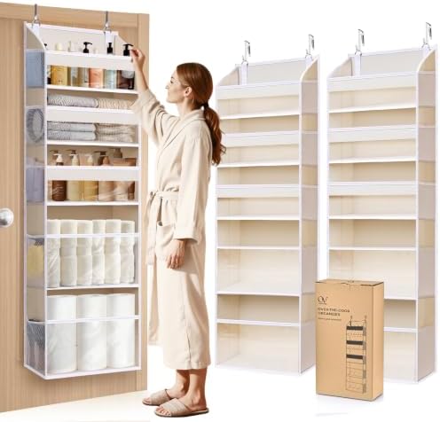 5 Tiers Over the Door Organizer with 10 Mesh Side Pockets, 44 lbs Weight Capacity Closet Hanging Storage Organizer with Large Clear Window Kids Toys, Shoes, Diapers, Beige，2 Pack